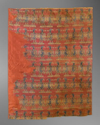 Textile Fragment with Rows of Facing Birds Holding Necklaces